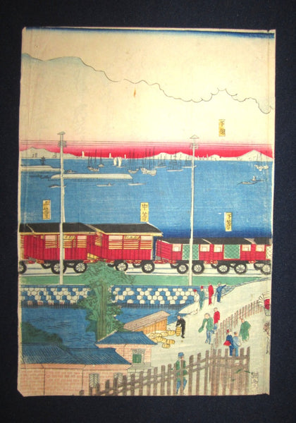 Orig Japanese Woodblock Print Triptych Original Edition Toyokuni Yokohama Harbor Train Meiji Restoration