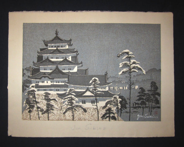 This is a HUGE very beautiful and special original Japanese woodblock print “Castle in Snow” signed by the Famous Taisho/Showa Shin Hanga woodblock print artist Junichiro Sekino (1914 ~1988) made in 1980s with an artist ORIGINAL Water Mark IN EXCELLENT CONDITION. 