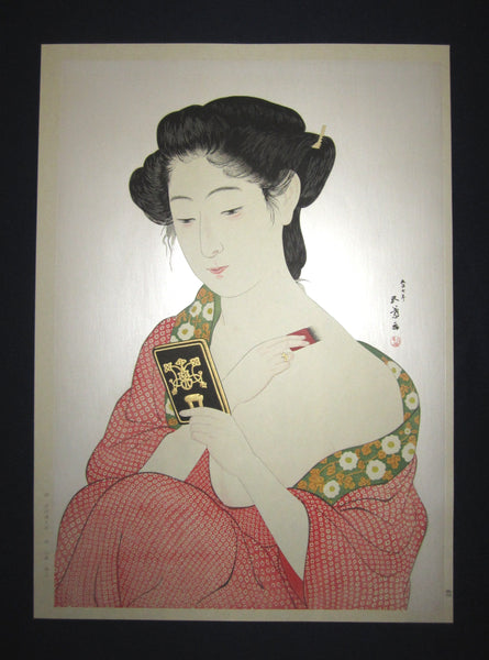 This is a Huge very beautiful and rare Japanese Shin Hanga woodblock print “Woman Applying Make-up” from the famous Shin-Hanga woodblock print artist Hashiguchi Goyo (1880-1921) published by the famous printmaker YuYuDo IN EXCELLENT CONDITION. 