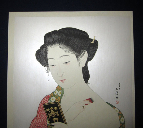 Huge Japanese Woodblock Print Hashiguchi Goyo Woman Applying Make-up