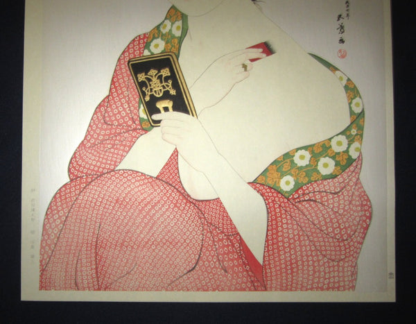 Huge Japanese Woodblock Print Hashiguchi Goyo Woman Applying Make-up