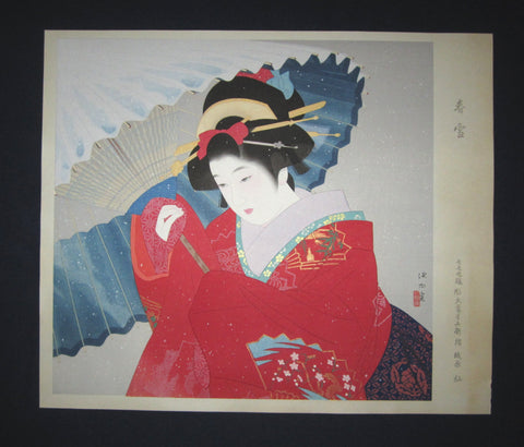 This is a HUGE very beautiful, and special original Japanese woodblock print “Spring Snow” signed by the famous Taisho/Showa Shin Hanga woodblock print master Shinsui Ito (1898-1974) published by the famous printmaker MoMoSe made in Showa Era (1925~1987) IN EXCELLENT CONDITION. 