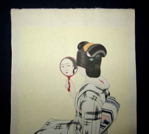 Orig Japanese Woodblock Print Shimura Tatsumi PENCIL LIMITED# Round Hair Beauty in Mirror 1953