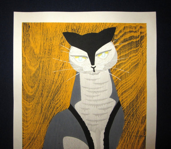 Huge Original Japanese Woodblock Print LIMIT# PENCIL Sign Ippei Kusaki Cat 1979