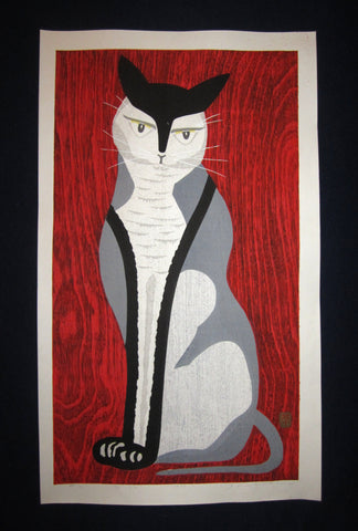 This is a HUGE very beautiful and rare LIMITED EDITION (34/170) original Japanese Shin Hanga woodblock print “Red Cat” PENCIL SIGNED by the famous Showa Shin Hanga woodblock print master Ippei Kusaki (1937 - ) made in 1979.  
