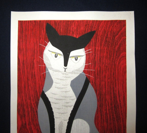 Huge Original Japanese Woodblock Print LIMIT# PENCIL Sign Ippei Kusaki Red Cat 1979