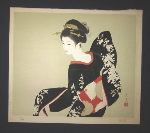 This is AN EXTRA LARGE very rare, beautiful and LIMITED-NUMBER (104/450) original Japanese woodblock print “Dancing Maiko” from the Series “Modern Beauties Bijin Ga, Gendai Bijin Fuzoku Gotai” signed by the famous Shin-Hanga artist Shimura Tatsumi (1907-1980) published by the famous printmaker YuYuDo in 1970s IN EXCELLENT CONDITION.  