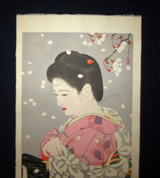 Orig Japanese Woodblock Print Shimura Tatsumi PENCIL LIMITED# Flower Blowing Snow 1953