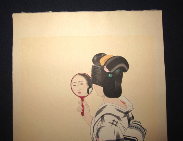 Orig Japanese Woodblock Print Shimura Tatsumi PENCIL LIMITED# Round Hair Beauty in Mirror 1953