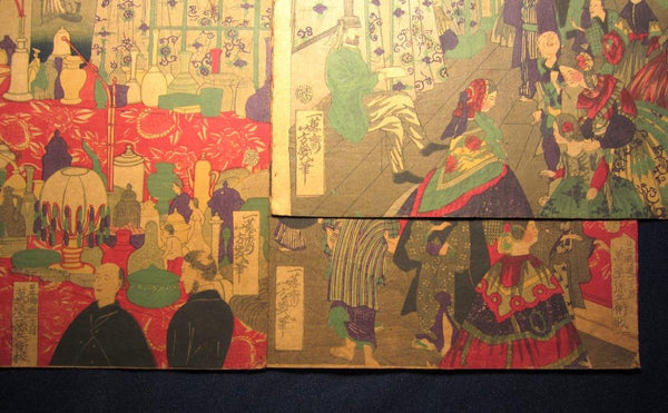 A Great Orig Japanese Yokohama Woodblock Print Triptych Yoshiiku Yokohama British Trading Place Pre-1900