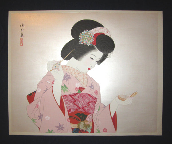 This is a HUGE very beautiful, and special original Japanese woodblock print “Makeup” signed by the famous Taisho/Showa Shin Hanga woodblock print master Shinsui Ito (1898-1974) made in Showa Era (1925-1987) IN EXCELLENT CONDITION.