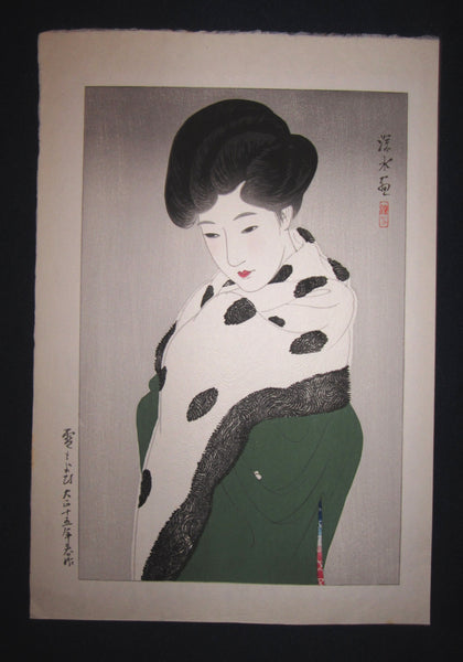 This is a very beautiful, and special original Japanese woodblock print “Snow” signed by the famous Taisho/Showa Shin Hanga woodblock print master Shinsui Ito (1898-1974) made in Taisho 15 (1927).