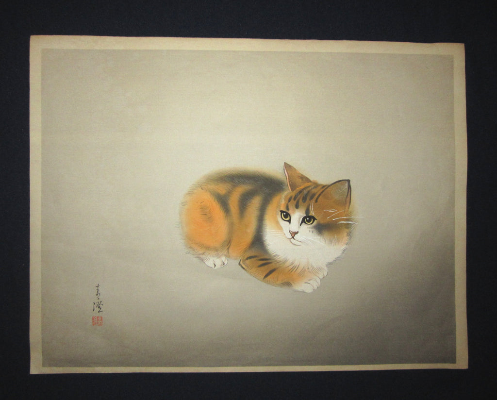 This is a very beautiful and special original Japanese woodblock Shin Hanga print “Kitten” signed by the Famous Showa Shin Hanga woodblock print master Hasegawa Seicho (1916-2004) made in 1950s.  