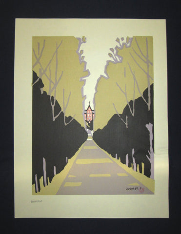 This is HUGE LIMITED-NUMBER original Japanese woodblock Shin Hanga print “Abbey” signed by the famous Showa Shin Hanga woodblock print artist Miyata Saburo (1924 -) made in Showa Era (1925-1987) IN EXCELLENT CONDITION.  