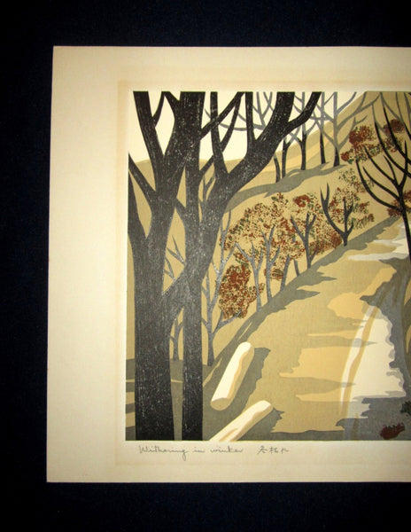 Large Original Japanese Woodblock Print Pencil-Signed Hioshi Nagai Withering in Winter 1972