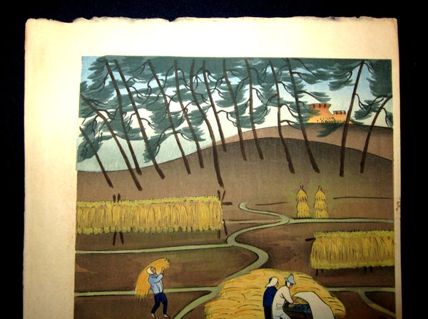 A Great Orig Japanese Woodblock Print Ohno Bafuku Harvest  Kyoto Printmaker 1950s