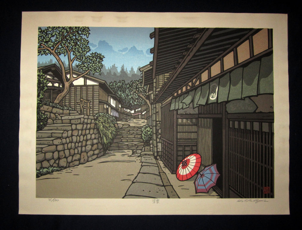 This is a HUGE, very beautiful and special LIMITED-NUMBER (31/100) ORIGINAL Japanese Shin Hanga woodblock print “Green Leaf  ” PENCIL SIGNED by the famous Showa Shin Hanga woodblock print master Kazuyuki Nishijima (1945-) made in 1980s IN EXCELLENT CONDITION.  