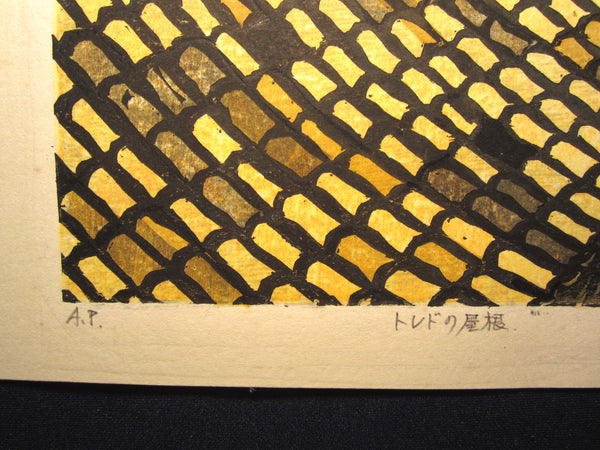Original Japanese Woodblock Print Shin Hanga LIMIT# PENCIL SIGN M. Enomoto Cat on a Roof