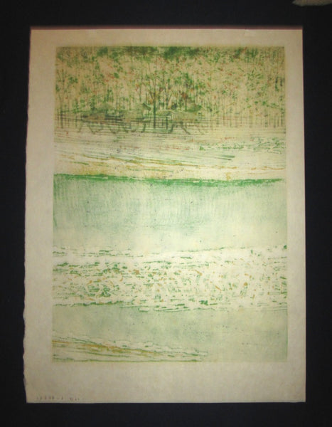 A Huge Original Japanese Woodblock Print Pencil Sign Limit# Fujita Fumio Green Season C