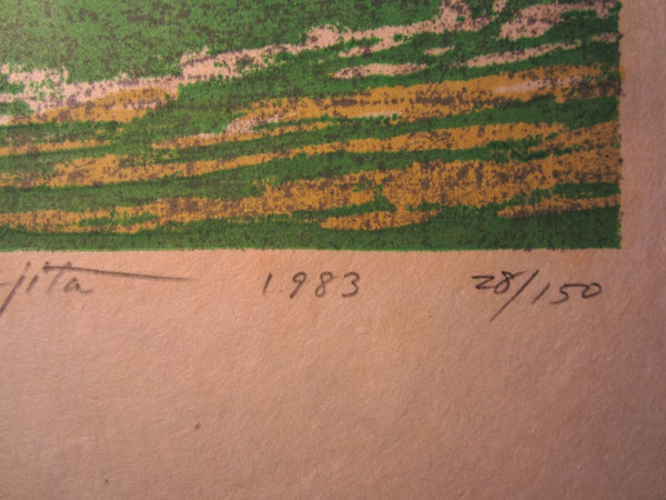 A Huge Original Japanese Woodblock Print Pencil Sign Limit# Fujita Fumio Green Season C