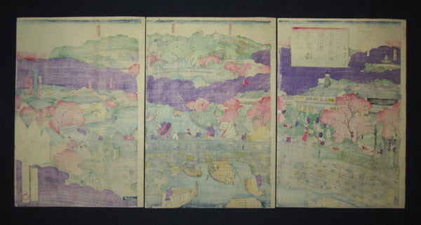 A Great Orig Japanese Woodblock Print Triptych Kunitora Tokyo Asakusa Bridge