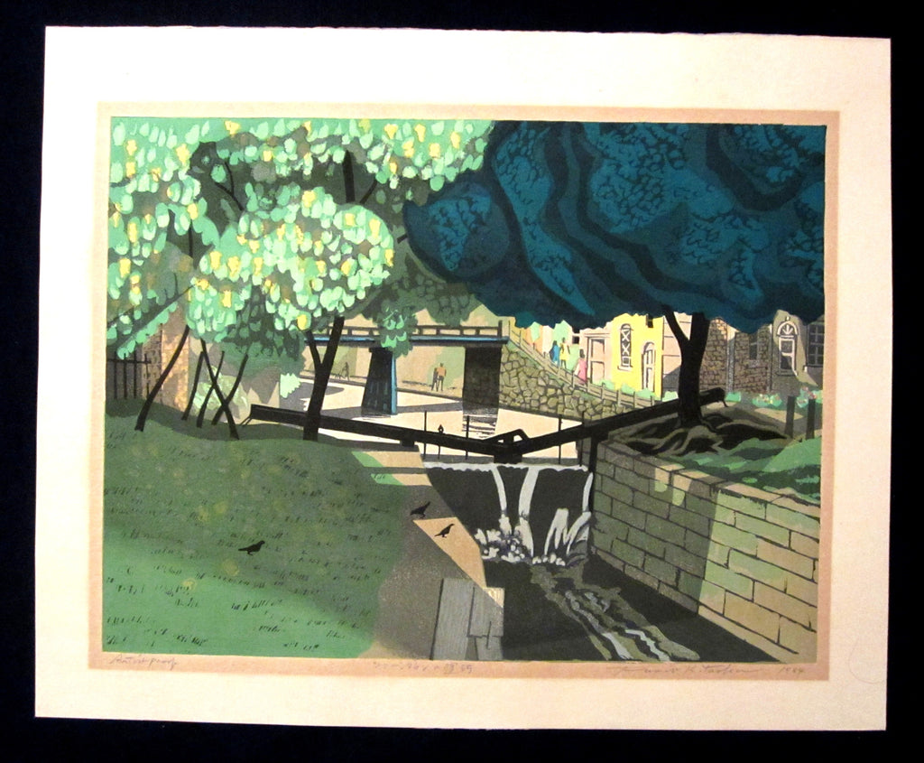 A Huge Original Japanese Woodblock Print Pencil-Signed Limited-Number Kitaoka Fumio Georgetown Canal 1984