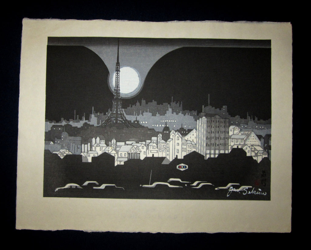 This is a HUGE very beautiful and special original Japanese woodblock print “Moon at Shinagawa” signed by the Famous Taisho/Showa Shin Hanga woodblock print artist Junichiro Sekino (1914 ~1988) made in 1980s IN EXCELLENT CONDITION. 