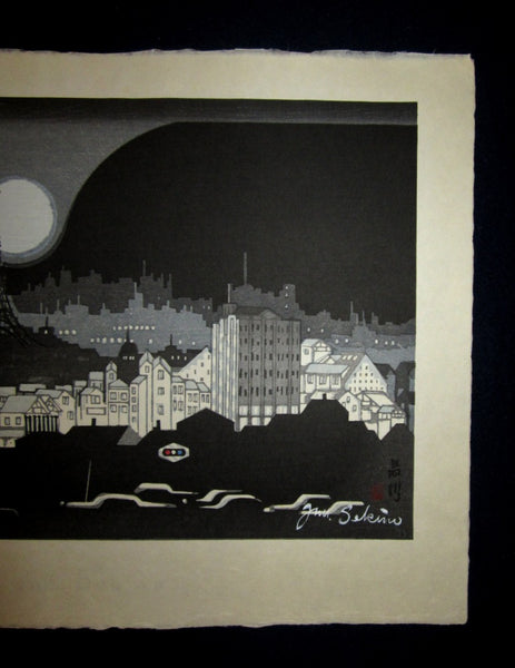 A Huge Original Japanese Woodblock Print Junichiro Sekino Moon at Shinagawa 1980s