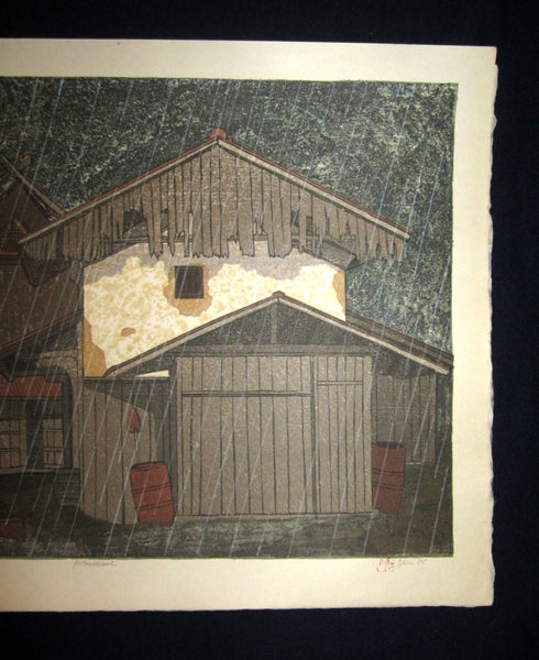 A Huge Orig Japanese Woodblock Print PENCIL Sign Limit# Joshua Rome Kiteuneame Rain 1985