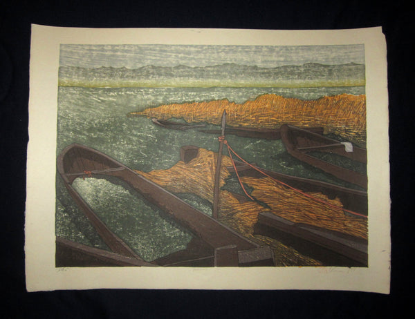 This is an HUGE very beautiful and LIMITED NUMBER (18/95) ORIGINAL Japanese Shin Hanga woodblock print “Yoshibune “ PENCIL SIGNED by the famous Showa Shin Hanga woodblock master Joshua Rome (1953-) made in 1988 IN EXCELLENT CONDITION.  