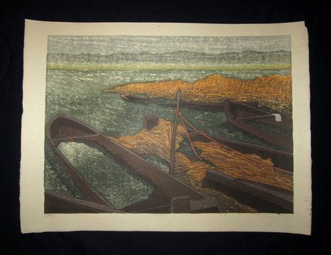 This is an HUGE very beautiful and LIMITED NUMBER (18/95) ORIGINAL Japanese Shin Hanga woodblock print “Yoshibune “ PENCIL SIGNED by the famous Showa Shin Hanga woodblock master Joshua Rome (1953-) made in 1988 IN EXCELLENT CONDITION.  