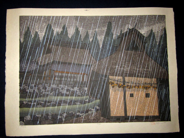 This is an HUGE very beautiful and LIMITED NUMBER (49/100) ORIGINAL Japanese Shin Hanga woodblock print “Tsuya Rain “ PENCIL SIGNED by the famous Showa Shin Hanga woodblock master Joshua Rome (1953-) made in 1986 IN EXCELLENT CONDITION.