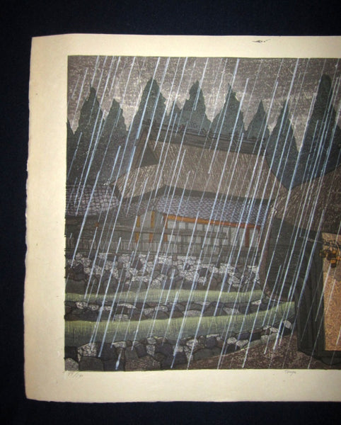 A Huge Orig Japanese Woodblock Print PENCIL Sign Limit# Joshua Rome Tsuya Rain 1986