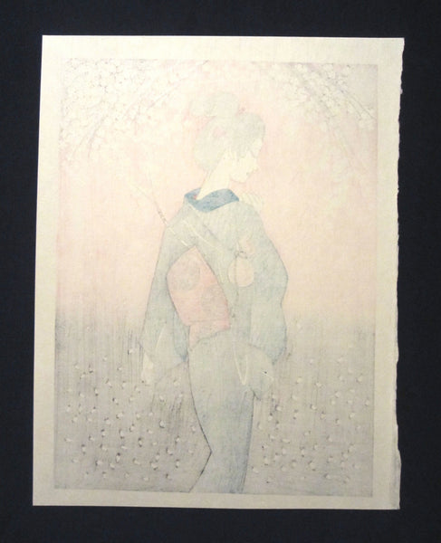Great Orig Japanese Woodblock Print Shin Hanga Miyata Masayuki Bijin at Cherry Blossom