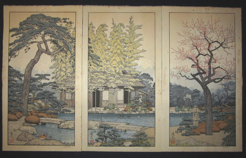 This is a HUGE very beautiful and special ORIGINAL Japanese woodblock print triptych “Pine, Bamboo, and Plum” signed by the famous Shin-Hanga woodblock print master Toshi Yoshida (1911-1995) made in 1980s.  