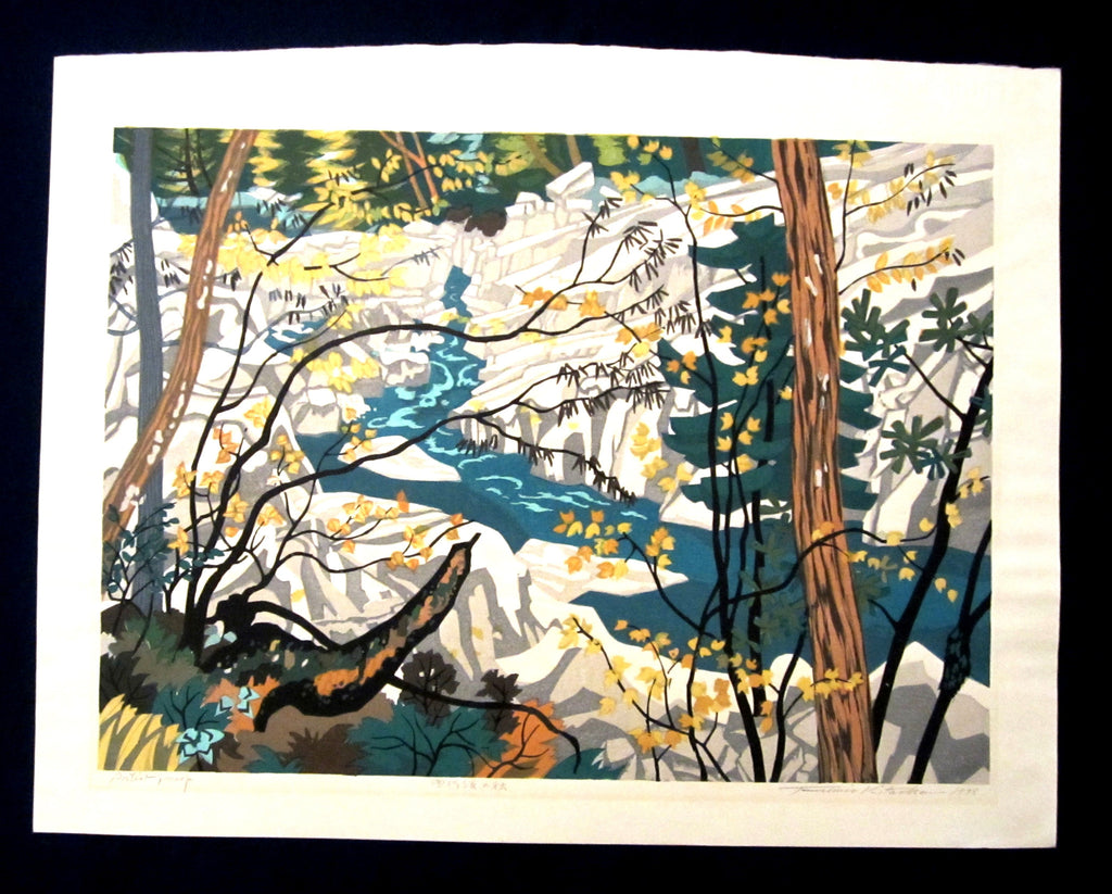 Original Japanese Woodblock Print PENCIL Sign Limit# Kitaoka Fumio Autumn at Creek WATER MARK