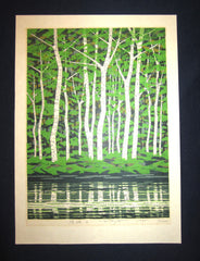 新緑の白樺。 版画 56/200、Fujita Original Japanese Woodblock Print Pencil-Signed Limited-Number