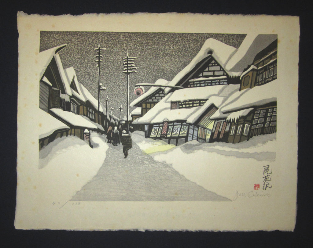 This is a HUGE very beautiful and special ORIGINAL Japanese woodblock print “Obanazawa Snow” signed by the Famous Taisho/Showa Shin Hanga woodblock print master Junichiro Sekino (1914 ~1988) made in Showa Era.  