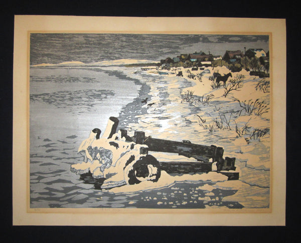 This is a HUGE very beautiful LIMITED NUMBER (73/100) ORIGINAL Japanese Shin Hanga woodblock print “Frozen River“ PENCIL SIGNED by the famous Showa Shin Hanga woodblock master Kitaoka Fumio (1918-) made in 1971 IN EXCELLENT CONDITION. 