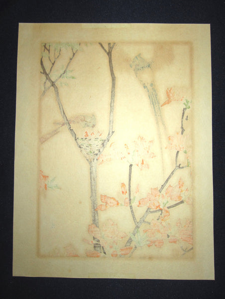 A Great Orig Japanese Woodblock Print Toshi Yoshida (4) ORIGINAL AUTHENTICATION CERTIFICATE Bird