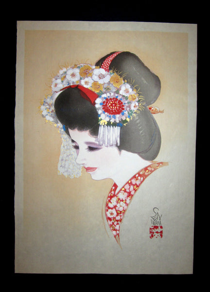 This is a very beautiful and unique original Japanese woodblock print “Bijin Splendor Lantern” signed by the famous Showa Shin-Hanga woodblock print master Iwata Sentaro (1901-1974) made in 1970s IN EXCELLENT CONDITION.  