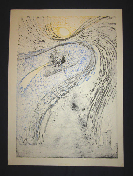 A Huge Orig Japanese Woodblock Print Takahashi Shu 高橋修PENCIL Sgn LIMIT # Moon and Weathervane