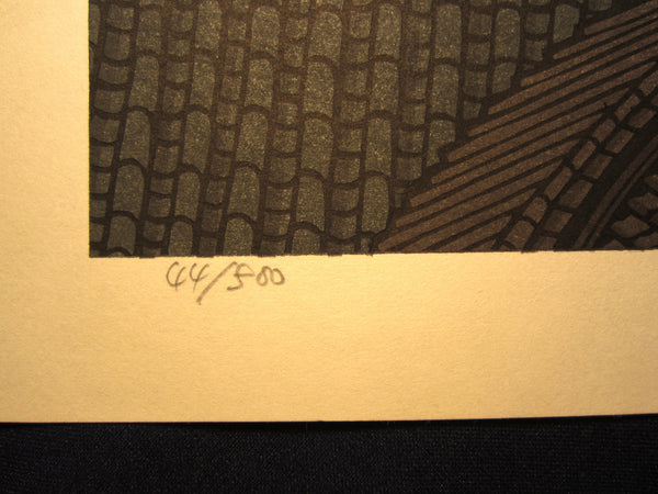 Original Japanese Woodblock Print LIMIT# PENCIL Sign Nishijima Kazuyuki Shimotsu Roof