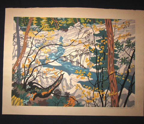 This is a HUGE very beautiful LIMITED NUMBER (115/120) ORIGINAL Japanese Shin Hanga woodblock print “Creek Autumn “ PENCIL SIGNED by the famous Showa Shin Hanga woodblock master Kitaoka Fumio (1918-) with two artist's original WATERMARK made in 1982 IN EXCELLENT CONDITION.  