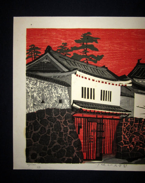 A Huge Orig Japanese Woodblock Print LIM# PENCIL SIGN Shiro Takagi Osaka Castle Sunset