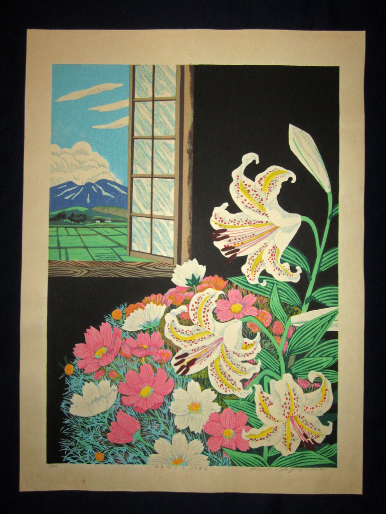 This is a HUGE very beautiful, and special LIMITED-NUMBER (1/100) ORIGINAL Japanese Shin Hanga woodblock print “Golden-Rayed Cosmos” PENCIL SIGNED by the famous Japanese Shin Hanga woodblock print Master Hayashi Waichi (1951 -) made in 1981.
