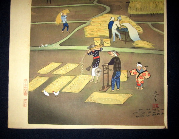 A Great Orig Japanese Woodblock Print Ohno Bafuku Harvest  Kyoto Printmaker 1950s