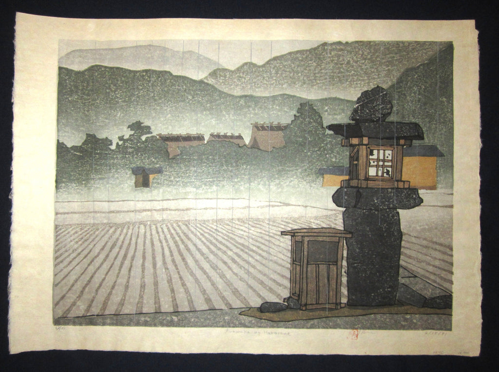 This is an HUGE very beautiful and LIMITED NUMBER (62/100) ORIGINAL Japanese Shin Hanga woodblock print “Amawaka no Harasame“ PENCIL SIGNED by the famous Showa Shin Hanga woodblock master Joshua Rome (1953-) made in 4/15/1981 IN EXCELLENT CONDITION.  