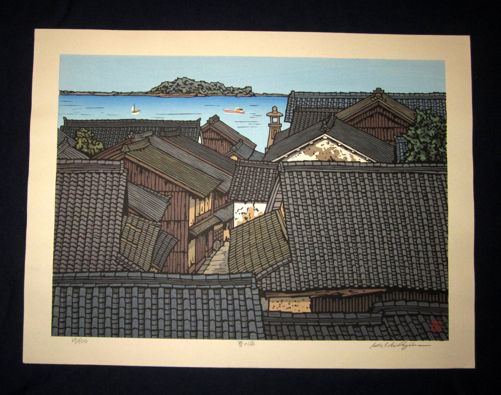 This is a HUGE, very beautiful and special LIMITED-NUMBER (39/100) ORIGINAL Japanese Shin Hanga woodblock print “Sea of Spring” PENCIL SIGNED by the famous Showa Shin Hanga woodblock print master Kazuyuki Nishijima (1945-) made in 1980s IN EXCELLENT CONDITION. 