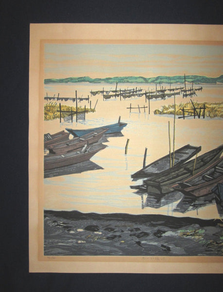 A Huge Orig Japanese Woodblock Print Kitaoka Fumio PENCIL Sign Limit# Winter at Lake Inbanuma